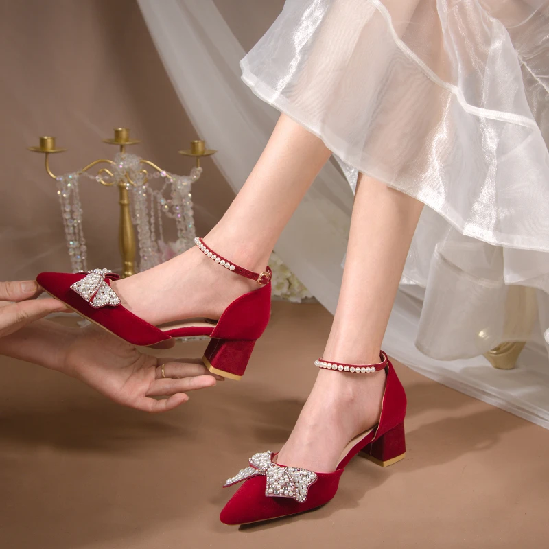 Elegant Pearl Bowtie Ankle Strap High Heels for Women - Bling Crystal Wedding Pumps, Beige/Red, Medium Heel, Chic Evening Shoes showcase 9