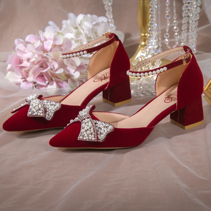 Elegant Pearl Bowtie Ankle Strap High Heels for Women - Bling Crystal Wedding Pumps, Beige/Red, Medium Heel, Chic Evening Shoes showcase 11