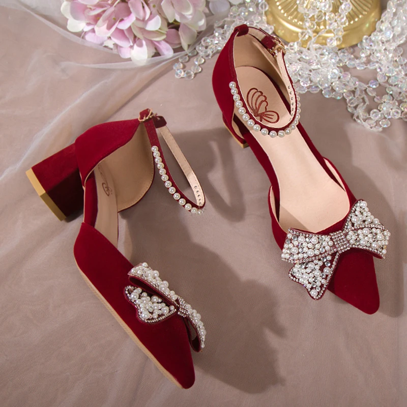 Elegant Pearl Bowtie Ankle Strap High Heels for Women - Bling Crystal Wedding Pumps, Beige/Red, Medium Heel, Chic Evening Shoes showcase 12