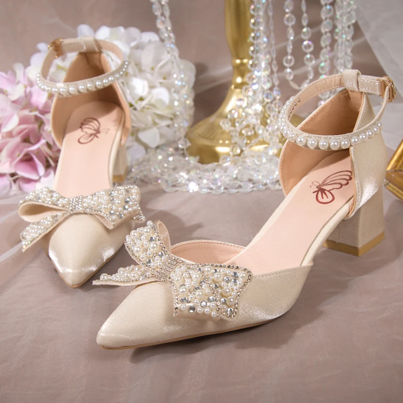 Elegant Pearl Bowtie Ankle Strap High Heels for Women - Bling Crystal Wedding Pumps, Beige/Red, Medium Heel, Chic Evening Shoes showcase 13