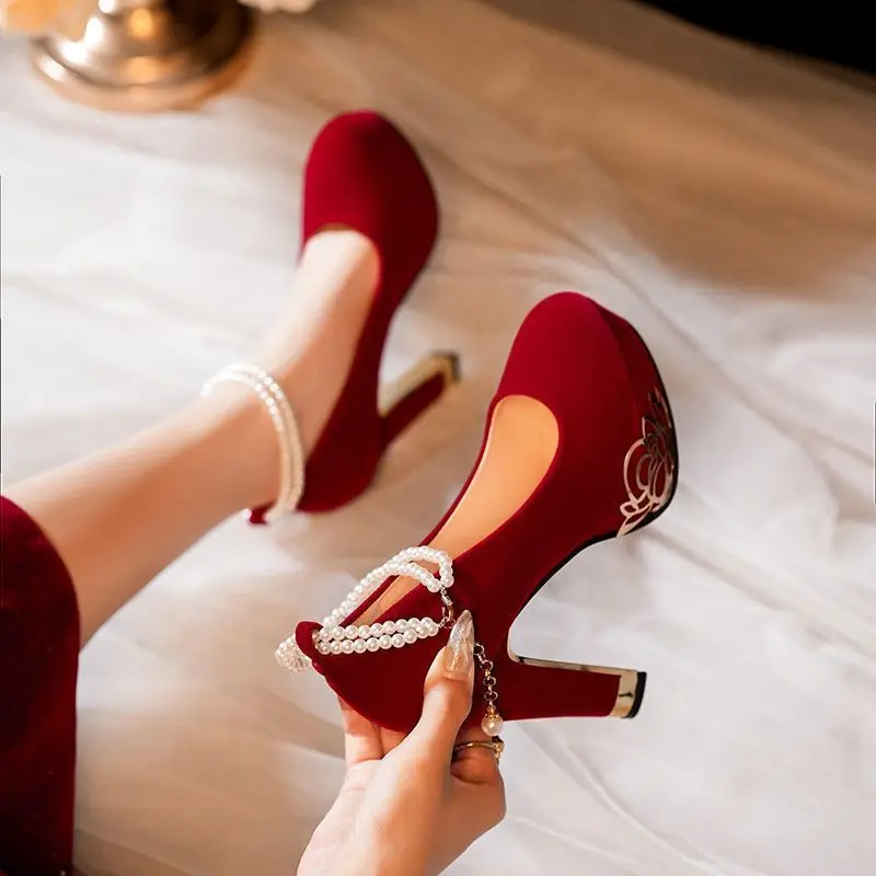 French Vintage Red Velvet High Heels for Women - Buckle Strap Round Toe Thick Heel Breathable Non-Slip Evening Party Shoes thumbnail 1