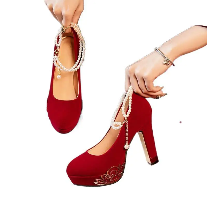 French Vintage Red Velvet High Heels for Women - Buckle Strap Round Toe Thick Heel Breathable Non-Slip Evening Party Shoes thumbnail 5