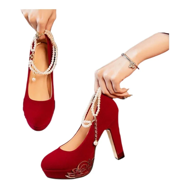 French Vintage Red Velvet High Heels for Women - Buckle Strap Round Toe Thick Heel Breathable Non-Slip Evening Party Shoes thumbnail 6