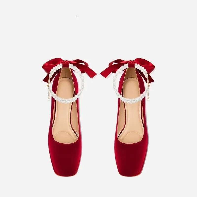 Elegant Satin Pearl Mary Jane Wedding Shoes for Brides - Comfortable Thick Heel, Square Toe, Low Cut Strappy Design, French Style Bridal Heels for Summer thumbnail 2