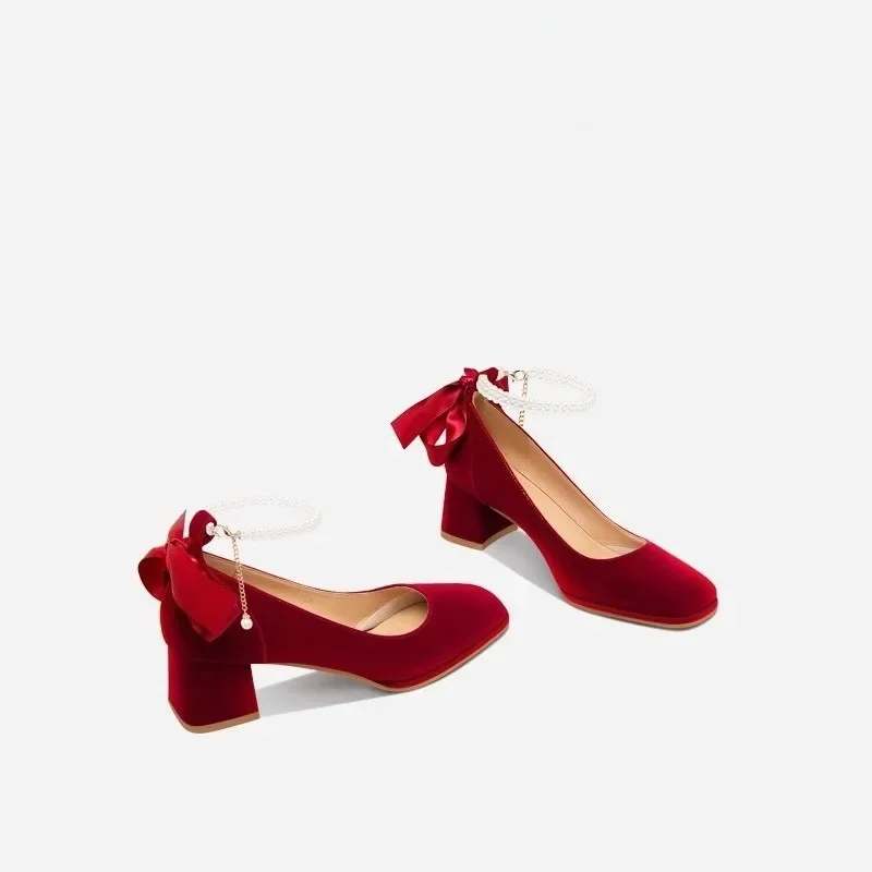 Elegant Satin Pearl Mary Jane Wedding Shoes for Brides - Comfortable Thick Heel, Square Toe, Low Cut Strappy Design, French Style Bridal Heels for Summer thumbnail 3