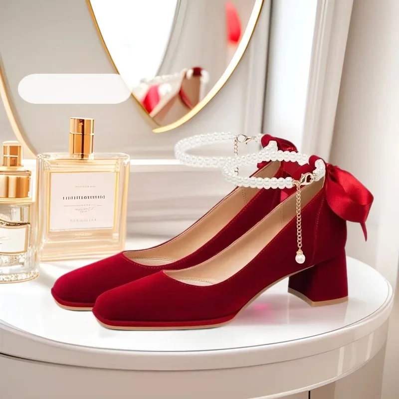 Elegant Satin Pearl Mary Jane Wedding Shoes for Brides - Comfortable Thick Heel, Square Toe, Low Cut Strappy Design, French Style Bridal Heels for Summer thumbnail 1