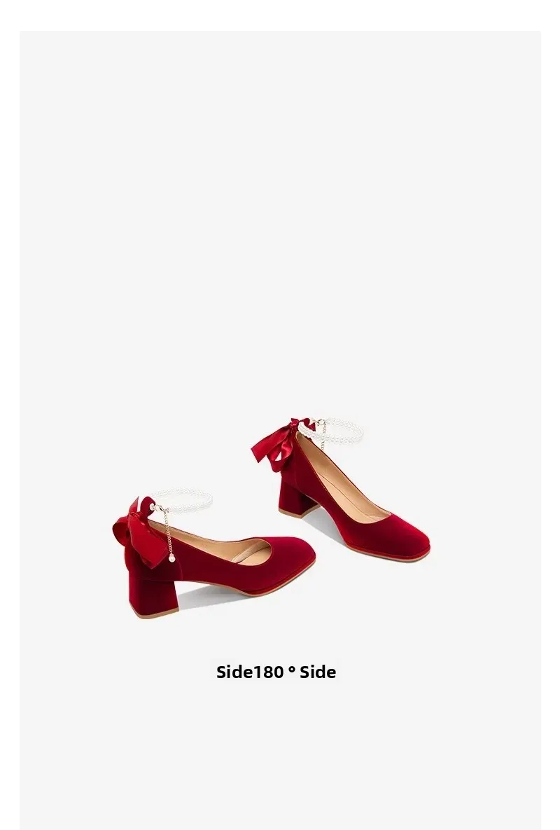 Elegant Satin Pearl Mary Jane Wedding Shoes for Brides - Comfortable Thick Heel, Square Toe, Low Cut Strappy Design, French Style Bridal Heels for Summer showcase 5