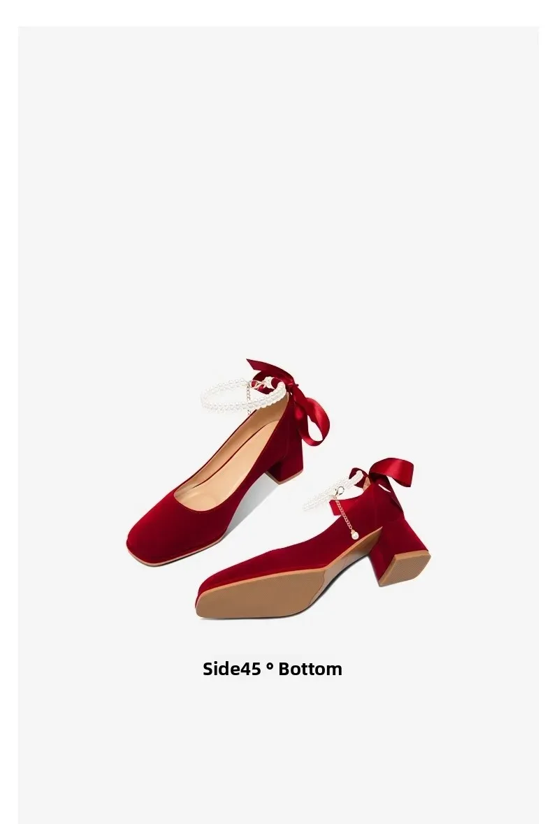 Elegant Satin Pearl Mary Jane Wedding Shoes for Brides - Comfortable Thick Heel, Square Toe, Low Cut Strappy Design, French Style Bridal Heels for Summer showcase 6