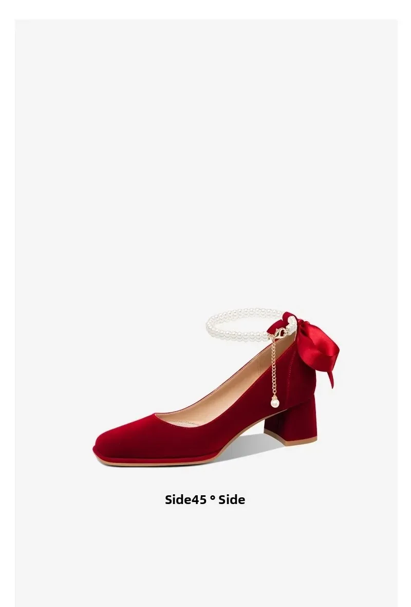 Elegant Satin Pearl Mary Jane Wedding Shoes for Brides - Comfortable Thick Heel, Square Toe, Low Cut Strappy Design, French Style Bridal Heels for Summer showcase 7