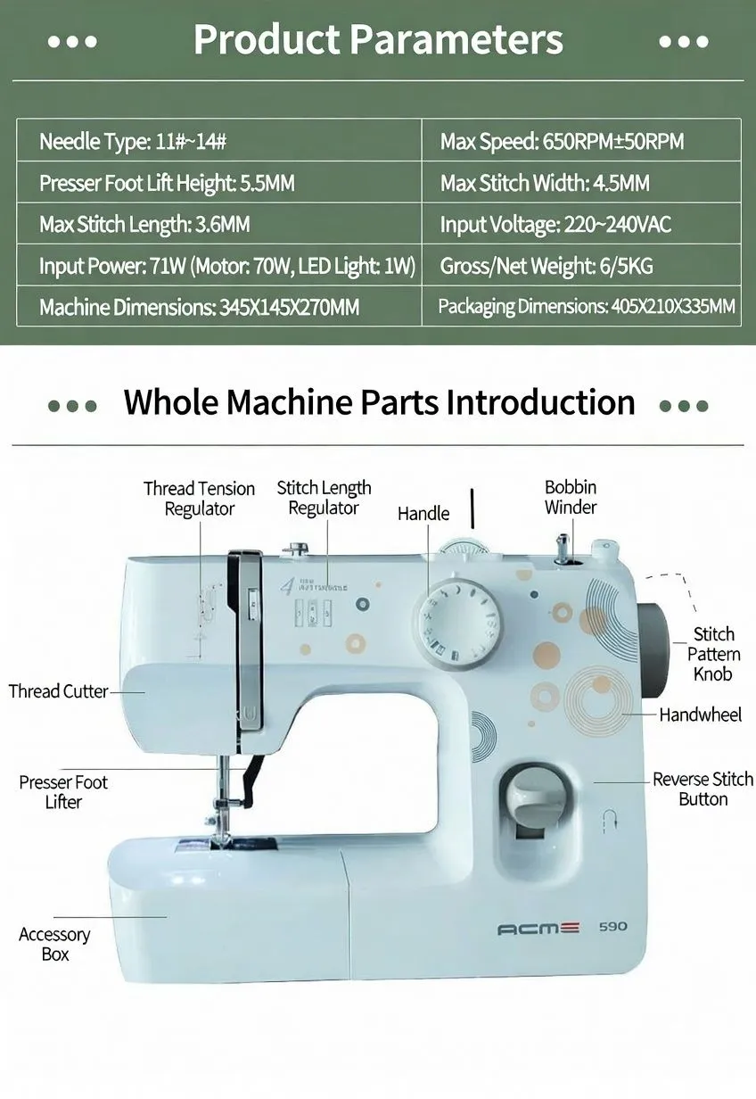 ACME 590 Portable Electric Household Sewing Machine with 4-Step Buttonhole and Multi-Stitch Selection for Beginners showcase 2