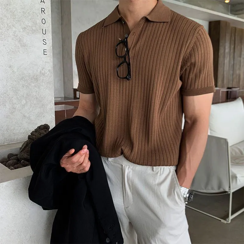 Men’s Ice Silk Slim Fit Polo Shirt – Korean Style Ribbed Short Sleeve Summer Casual Top thumbnail 1