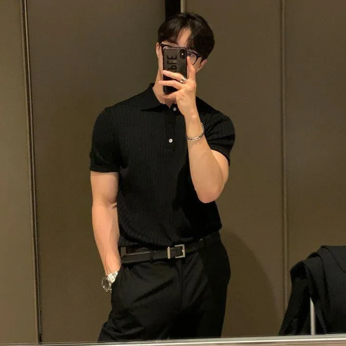 Men’s Ice Silk Slim Fit Polo Shirt – Korean Style Ribbed Short Sleeve Summer Casual Top thumbnail 3