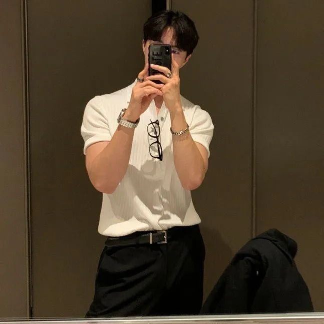 Men’s Ice Silk Slim Fit Polo Shirt – Korean Style Ribbed Short Sleeve Summer Casual Top thumbnail 2