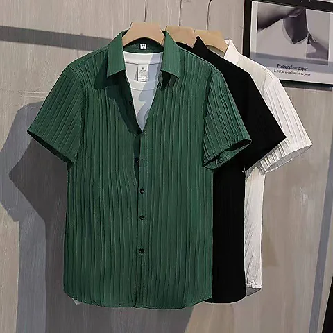 Men’s Korean Style Striped Ribbed Short Sleeve Shirt – INS Trend Casual Slim Fit Summer Button-Down