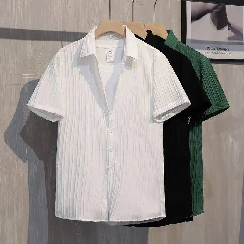 Men’s Korean Style Striped Ribbed Short Sleeve Shirt – INS Trend Casual Slim Fit Summer Button-Down thumbnail 2