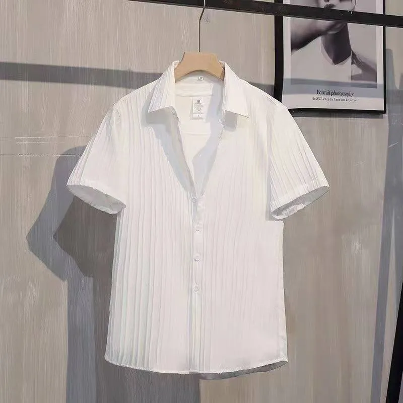 Men’s Korean Style Striped Ribbed Short Sleeve Shirt – INS Trend Casual Slim Fit Summer Button-Down thumbnail 4