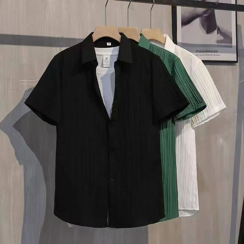 Men’s Korean Style Striped Ribbed Short Sleeve Shirt – INS Trend Casual Slim Fit Summer Button-Down thumbnail 5