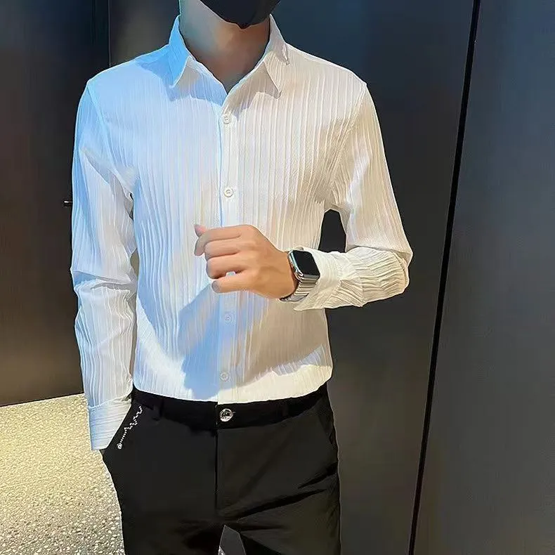 Men’s Korean Style Striped Ribbed Short Sleeve Shirt – INS Trend Casual Slim Fit Summer Button-Down thumbnail 7