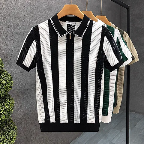 2025 American Vintage Half-Zip Striped Polo Shirt – Men’s Contrast Color Retro Knit Summer Short Sleeve
