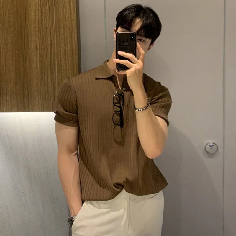 Men’s Ice Silk Slim Fit Polo Shirt – Korean Style Ribbed Short Sleeve Summer Casual Top thumbnail 6
