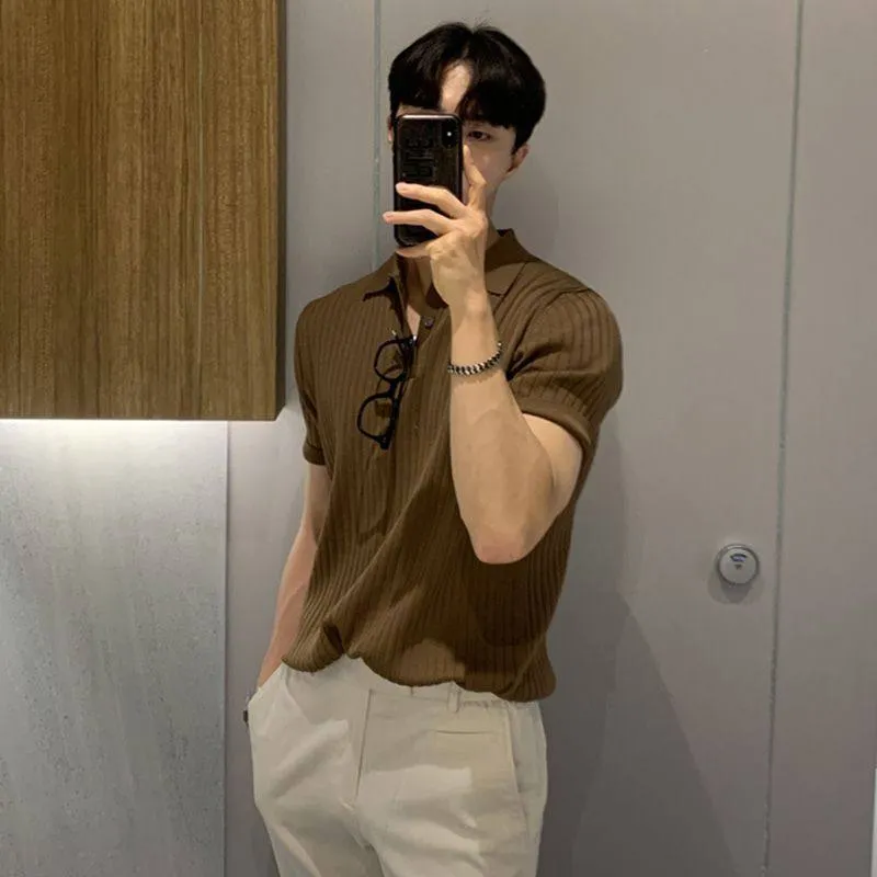 Men’s Ice Silk Slim Fit Polo Shirt – Korean Style Ribbed Short Sleeve Summer Casual Top thumbnail 2