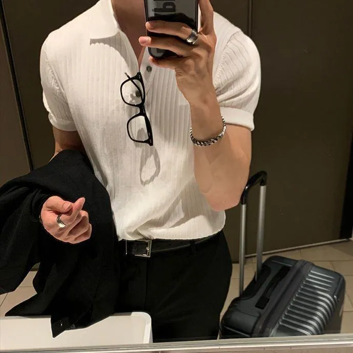 Men’s Ice Silk Slim Fit Polo Shirt – Korean Style Ribbed Short Sleeve Summer Casual Top thumbnail 3