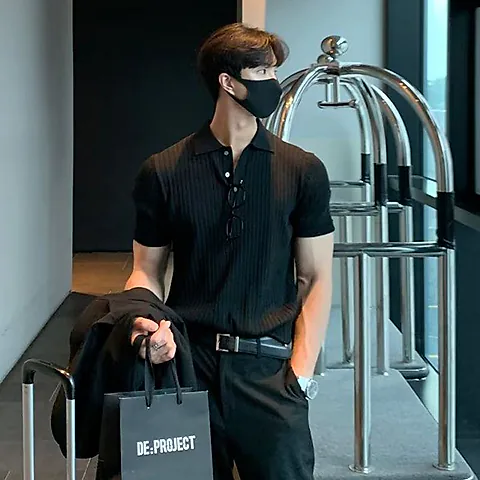 Men’s Ice Silk Slim Fit Polo Shirt – Korean Style Ribbed Short Sleeve Summer Casual Top