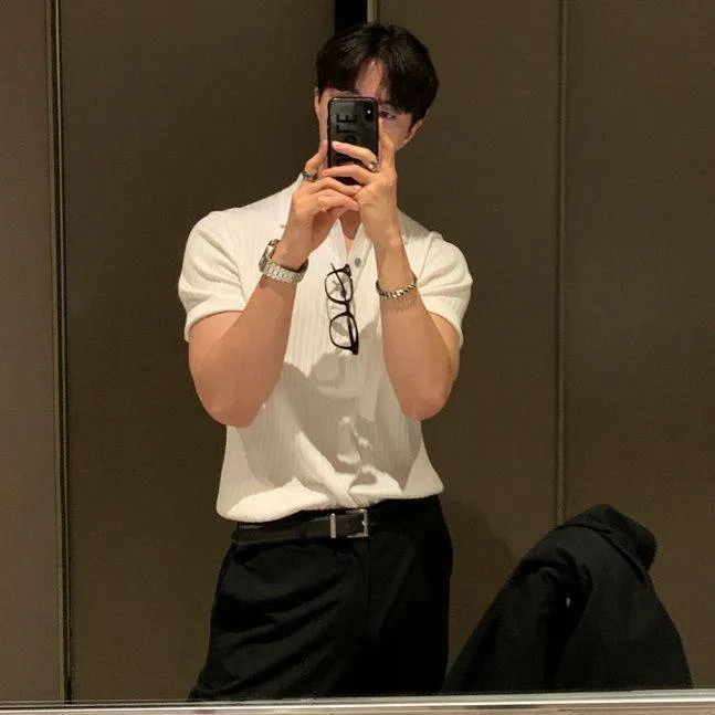 Men’s Ice Silk Slim Fit Polo Shirt – Korean Style Ribbed Short Sleeve Summer Casual Top thumbnail 5