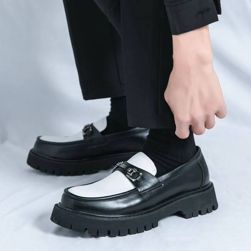 Korean Style Men’s Leather Loafers Slip On Platform Business Casual British Fashion Thick Sole Elevator Shoes thumbnail 3