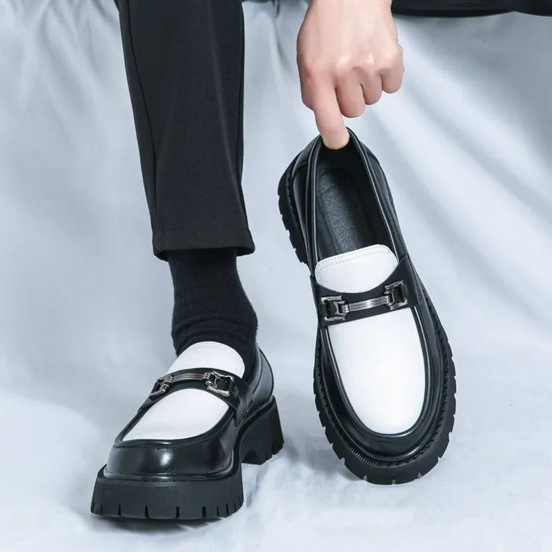 Korean Style Men’s Leather Loafers Slip On Platform Business Casual British Fashion Thick Sole Elevator Shoes thumbnail 4