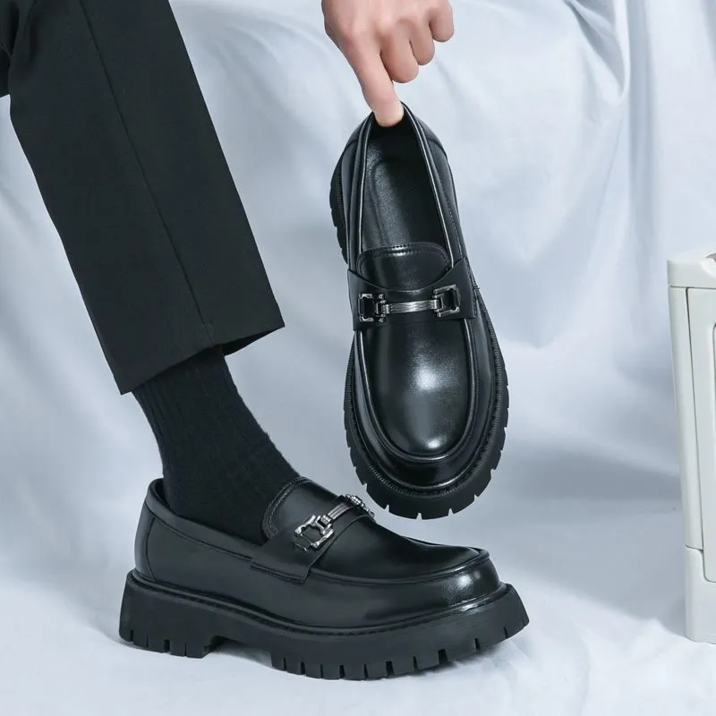 Korean Style Men’s Leather Loafers Slip On Platform Business Casual British Fashion Thick Sole Elevator Shoes thumbnail 5