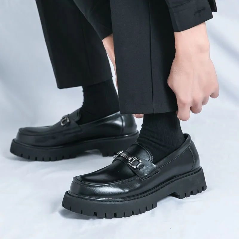 Korean Style Men’s Leather Loafers Slip On Platform Business Casual British Fashion Thick Sole Elevator Shoes thumbnail 6