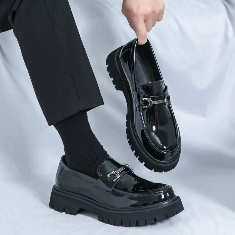 Korean Style Men’s Leather Loafers Slip On Platform Business Casual British Fashion Thick Sole Elevator Shoes thumbnail 7