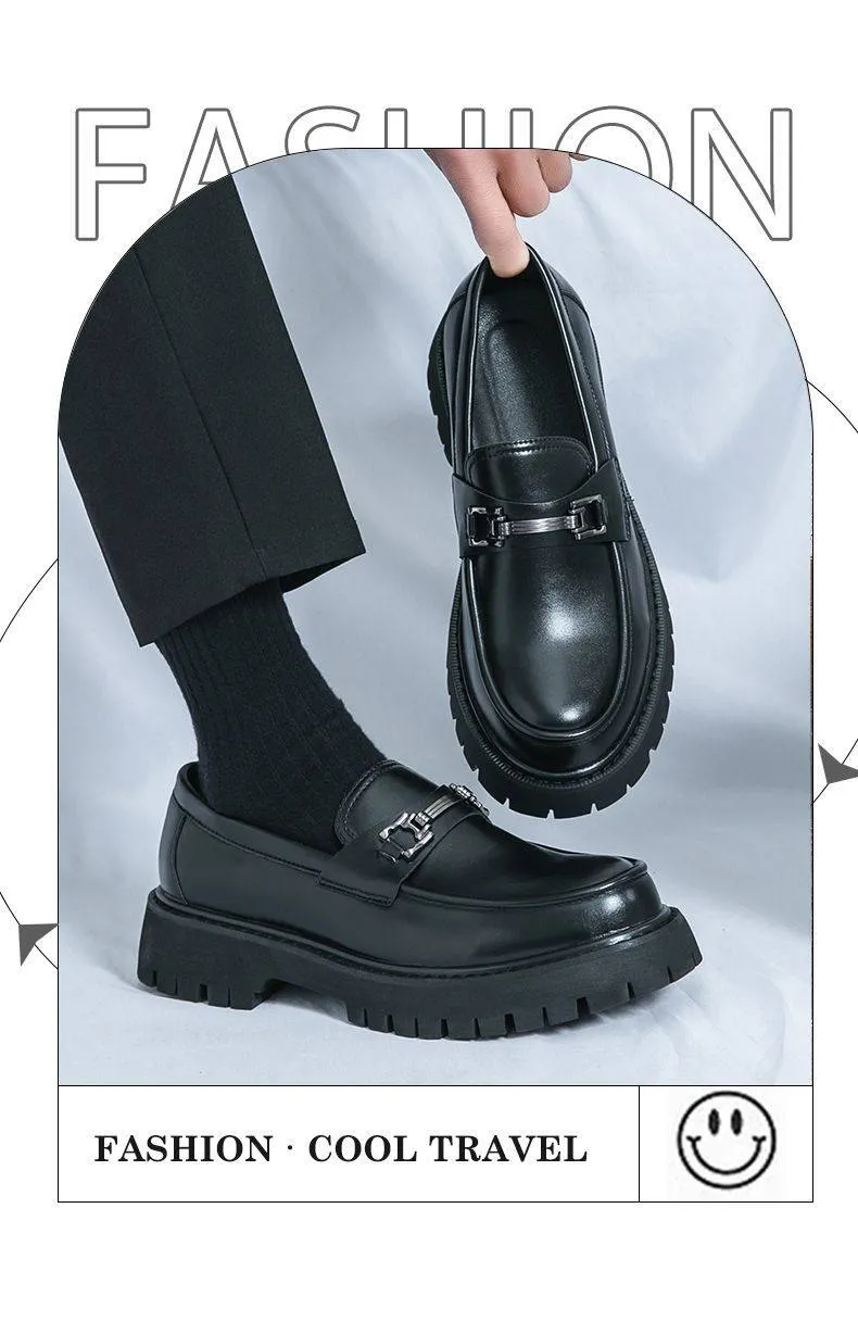 Korean Style Men’s Leather Loafers Slip On Platform Business Casual British Fashion Thick Sole Elevator Shoes showcase 2