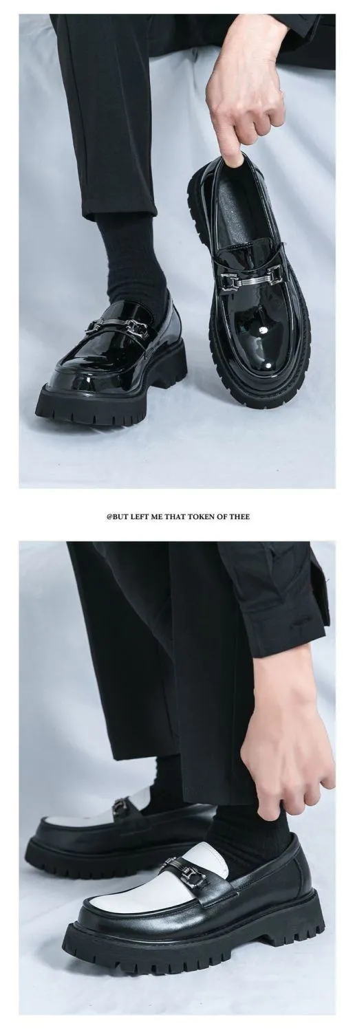 Korean Style Men’s Leather Loafers Slip On Platform Business Casual British Fashion Thick Sole Elevator Shoes showcase 4