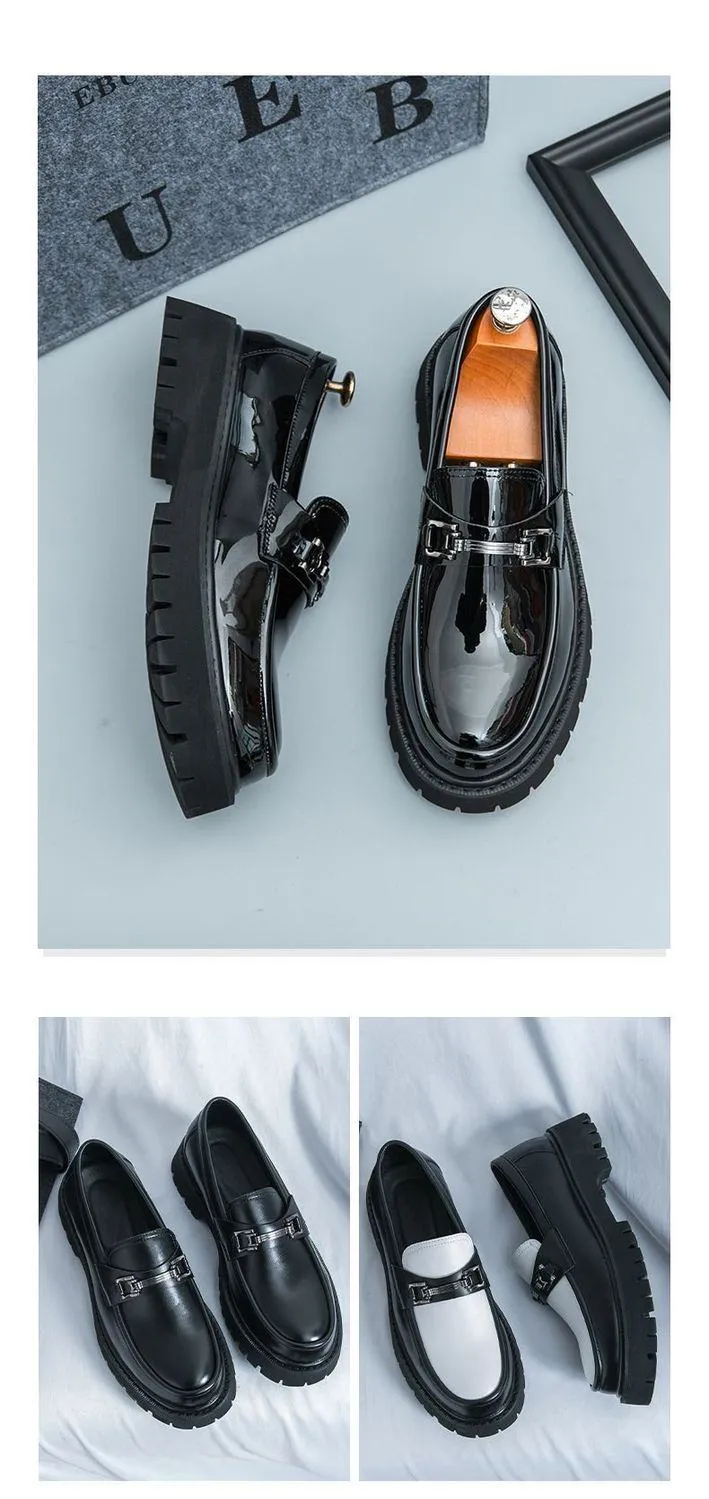 Korean Style Men’s Leather Loafers Slip On Platform Business Casual British Fashion Thick Sole Elevator Shoes showcase 5