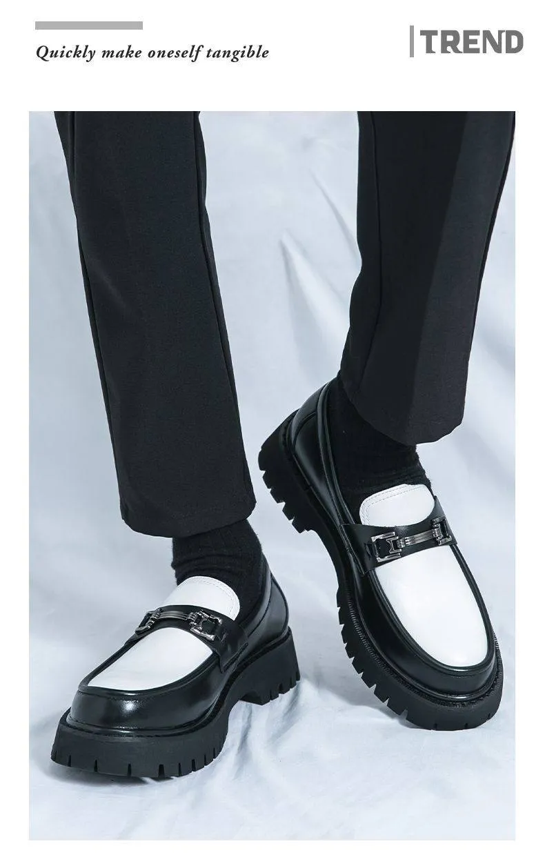 Korean Style Men’s Leather Loafers Slip On Platform Business Casual British Fashion Thick Sole Elevator Shoes showcase 8