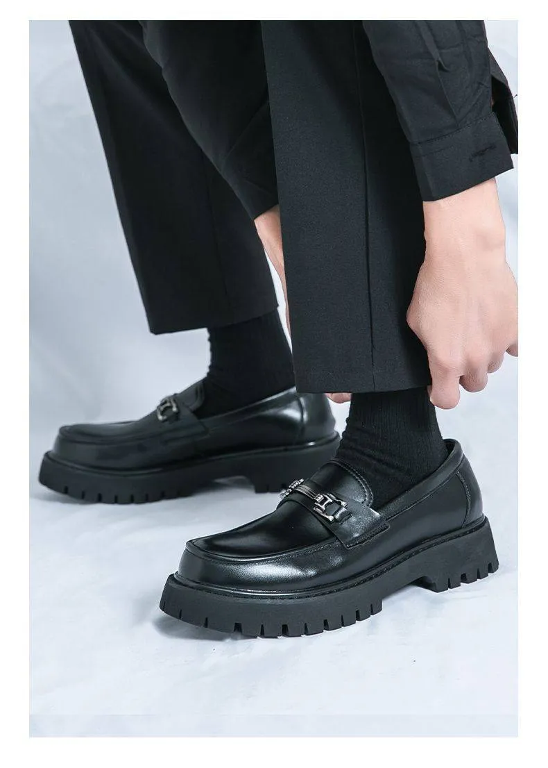 Korean Style Men’s Leather Loafers Slip On Platform Business Casual British Fashion Thick Sole Elevator Shoes showcase 7