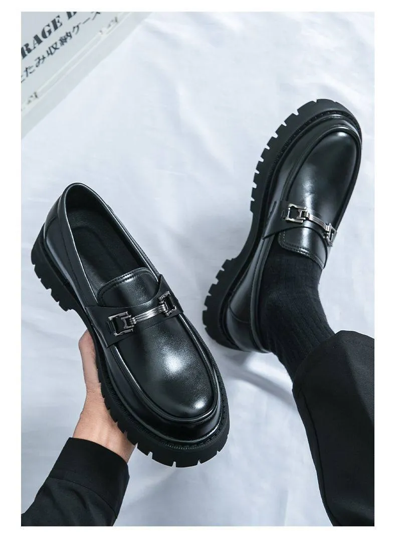 Korean Style Men’s Leather Loafers Slip On Platform Business Casual British Fashion Thick Sole Elevator Shoes showcase 6