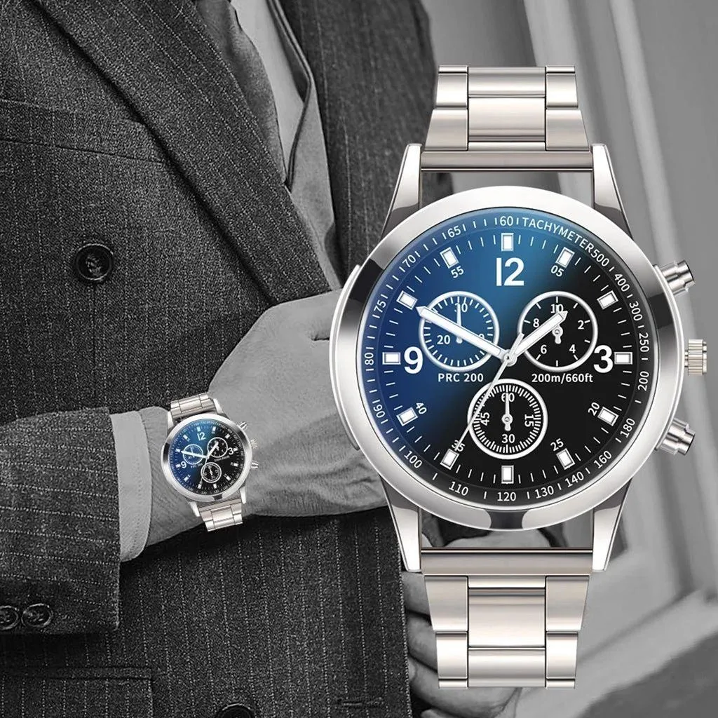 Men’s Quartz Wristwatch Blue Glass Three Dial Stainless Steel Strap Fashion Business Gift Watch thumbnail 1