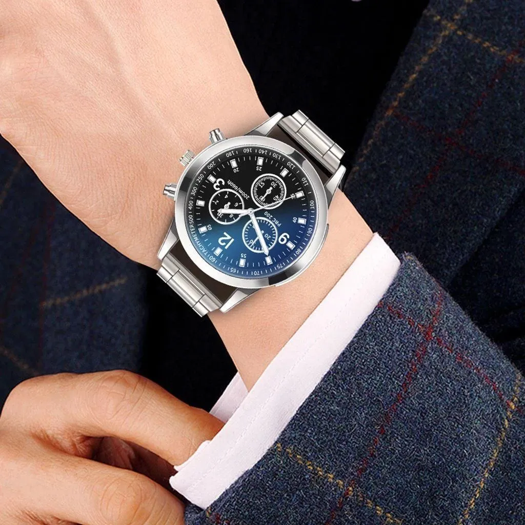 Men’s Quartz Wristwatch Blue Glass Three Dial Stainless Steel Strap Fashion Business Gift Watch thumbnail 5