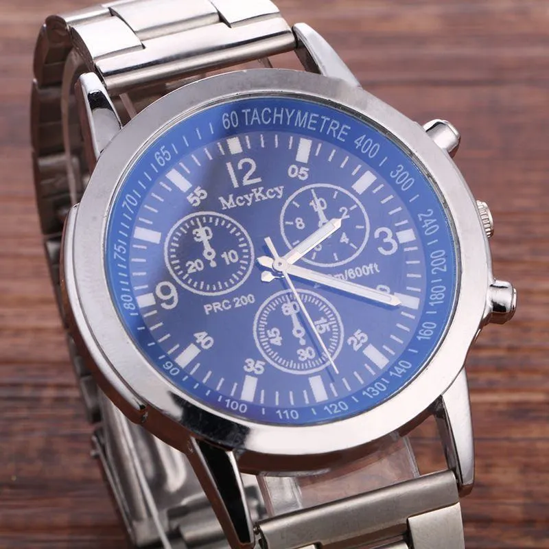 Men’s Quartz Wristwatch Blue Glass Three Dial Stainless Steel Strap Fashion Business Gift Watch showcase 1