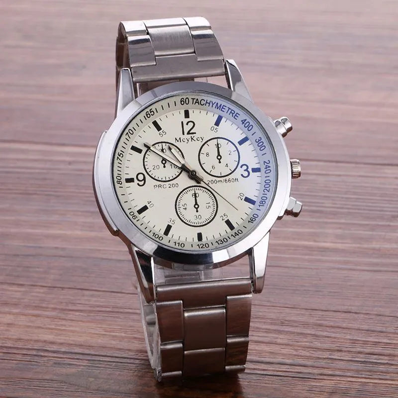Men’s Quartz Wristwatch Blue Glass Three Dial Stainless Steel Strap Fashion Business Gift Watch showcase 5