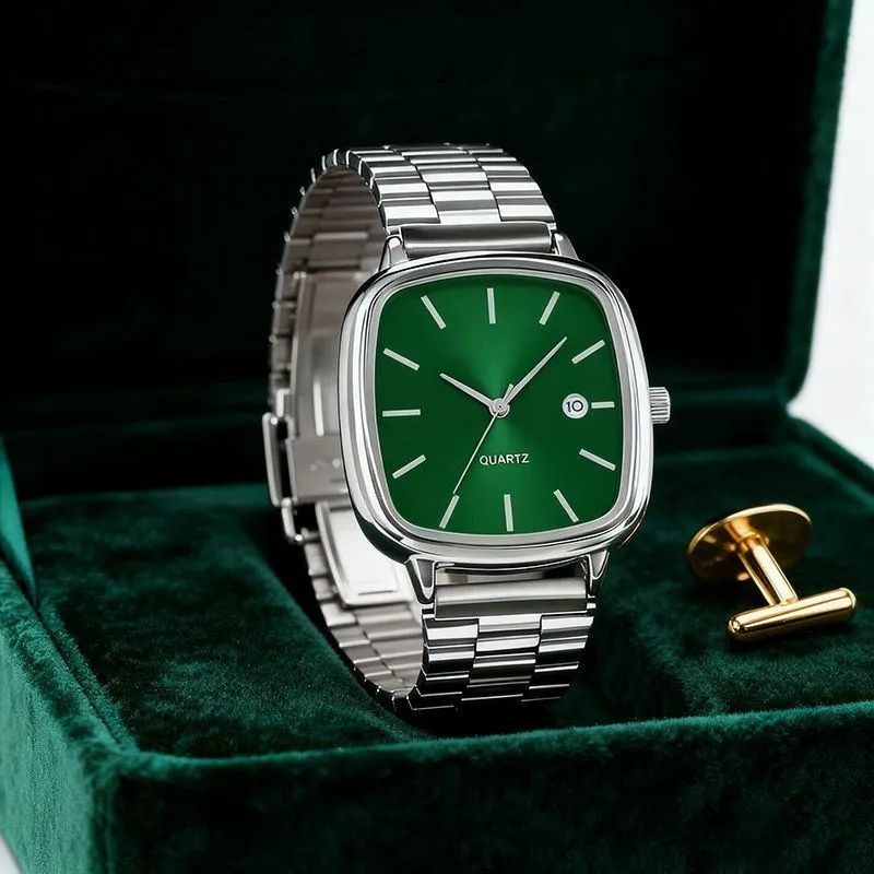 Square Metal Strap Wristwatch Minimalist Fashion Watch with Calendar Unisex Business Casual Watch thumbnail 1