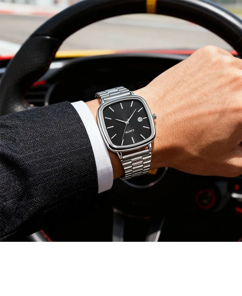Square Metal Strap Wristwatch Minimalist Fashion Watch with Calendar Unisex Business Casual Watch showcase 2
