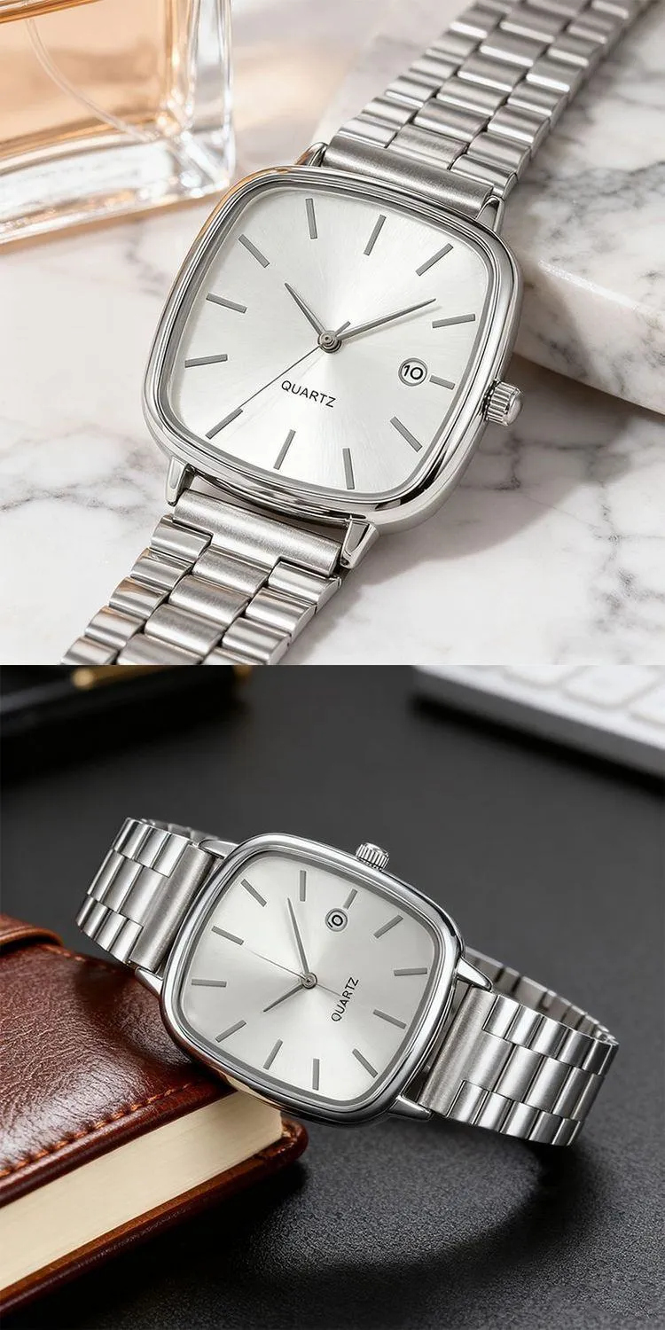 Square Metal Strap Wristwatch Minimalist Fashion Watch with Calendar Unisex Business Casual Watch showcase 4