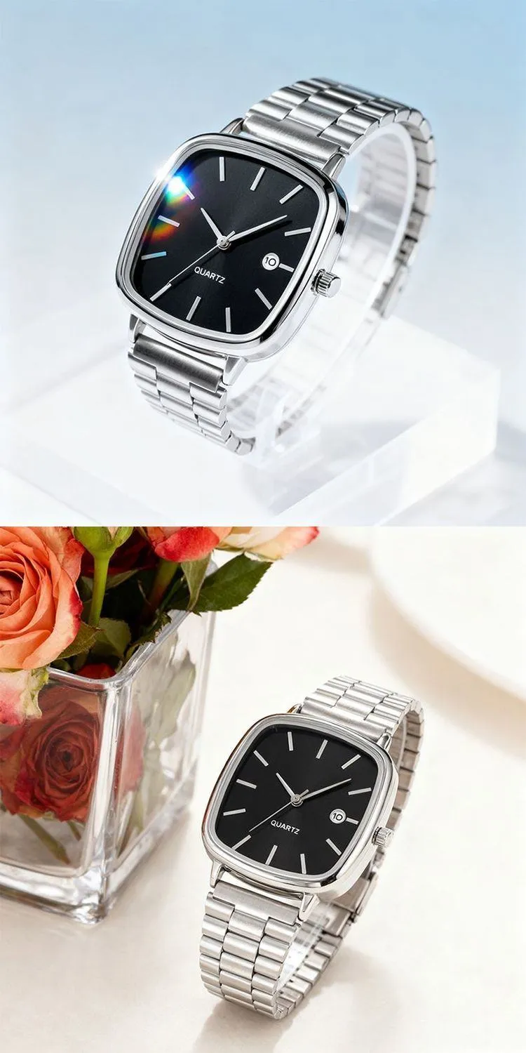 Square Metal Strap Wristwatch Minimalist Fashion Watch with Calendar Unisex Business Casual Watch showcase 6