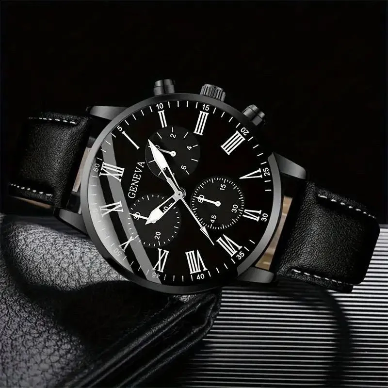 Black Men’s Watch and Bracelet Set Minimalist Quartz Wristwatch Fashion Student Gift 2 Piece Jewelry Set thumbnail 3