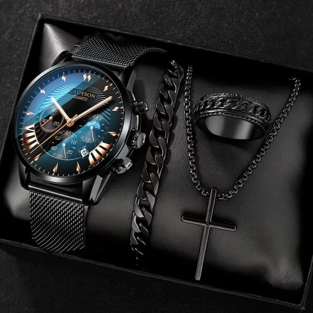 Men’s Automatic Watch Gift Set Roman Numeral Calendar Wristwatch Black Minimalist 4 Piece Set Birthday Gift thumbnail 2