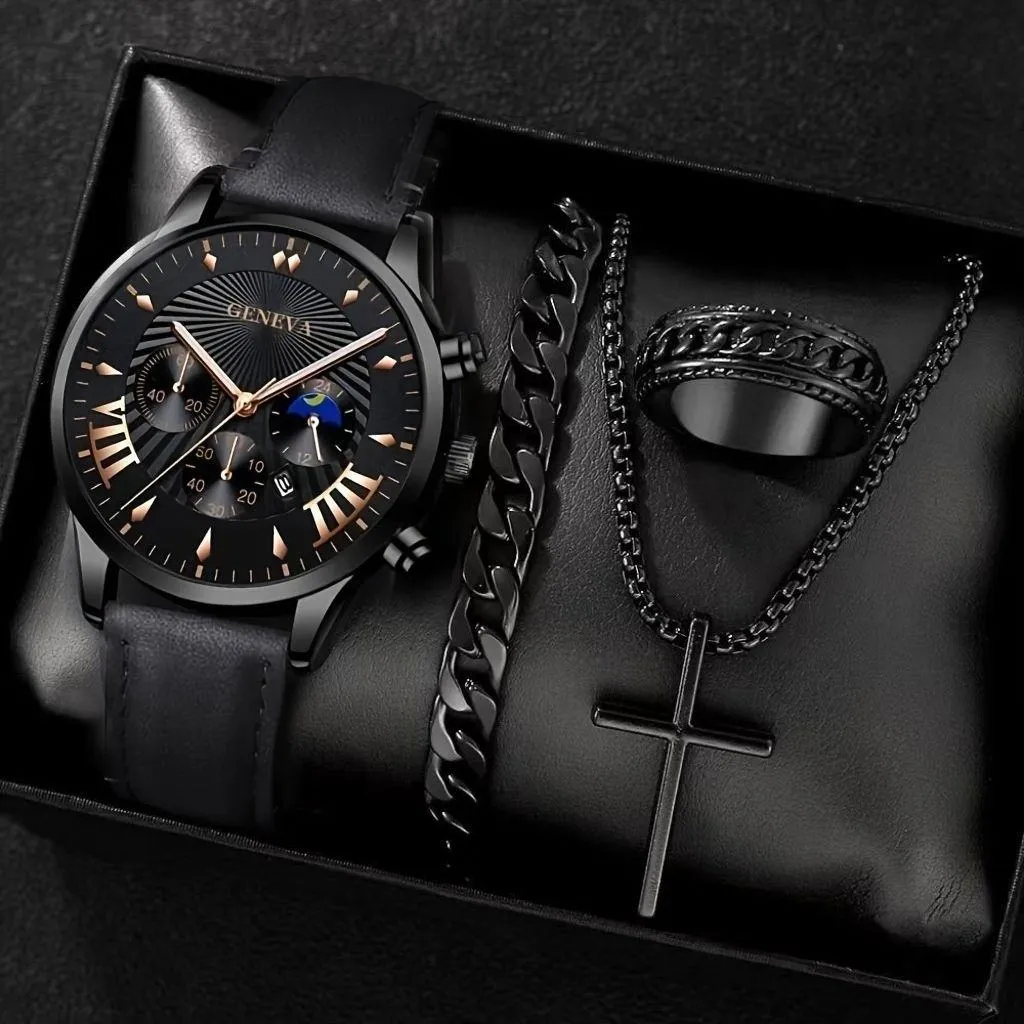 Men’s Automatic Watch Gift Set Roman Numeral Calendar Wristwatch Black Minimalist 4 Piece Set Birthday Gift thumbnail 1